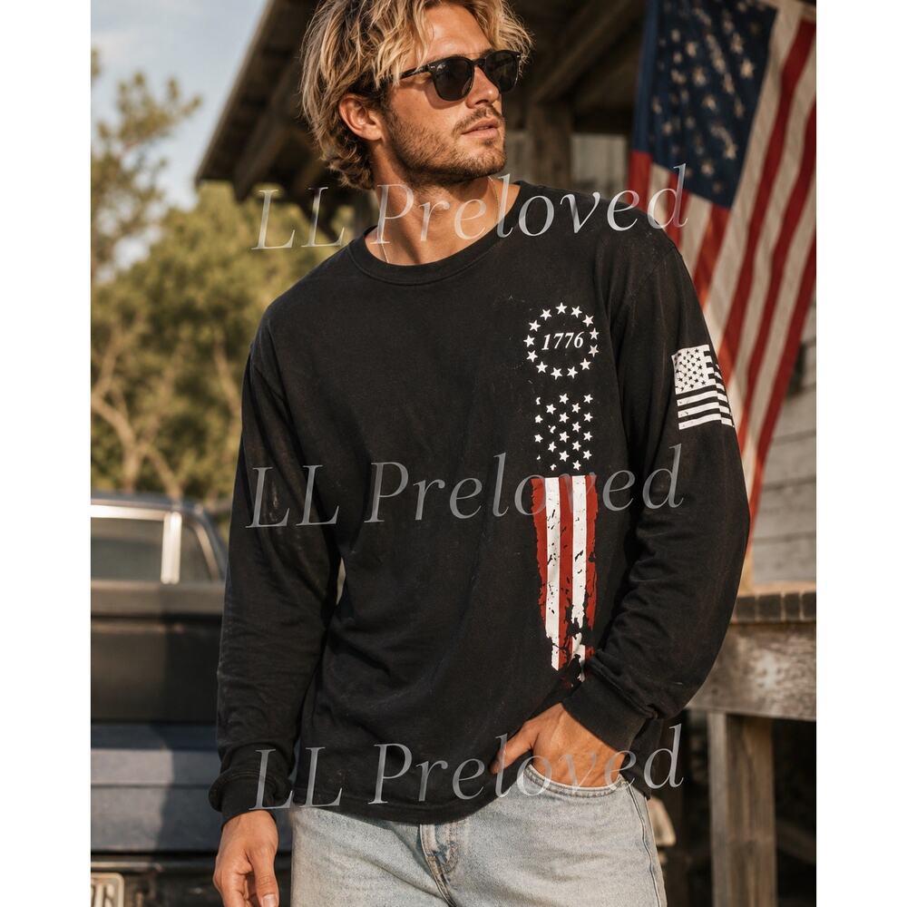 Patriotic 1776 American Flag Mens‎ Graphic Long Sleeve Tee Large Black Cotton